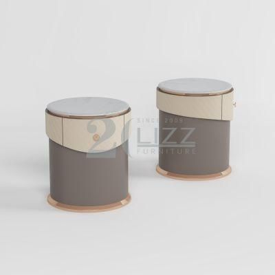 Italian Design Artificial Leather Night Stand with Marble Top Minimalist Modern Home Hotel Bedroom Furniture Set