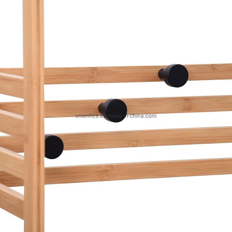 Mobile Bamboo Clothes Coat Garment Hanging Rail Rack Storage Stand Wheels with Shoe Shelf Rack