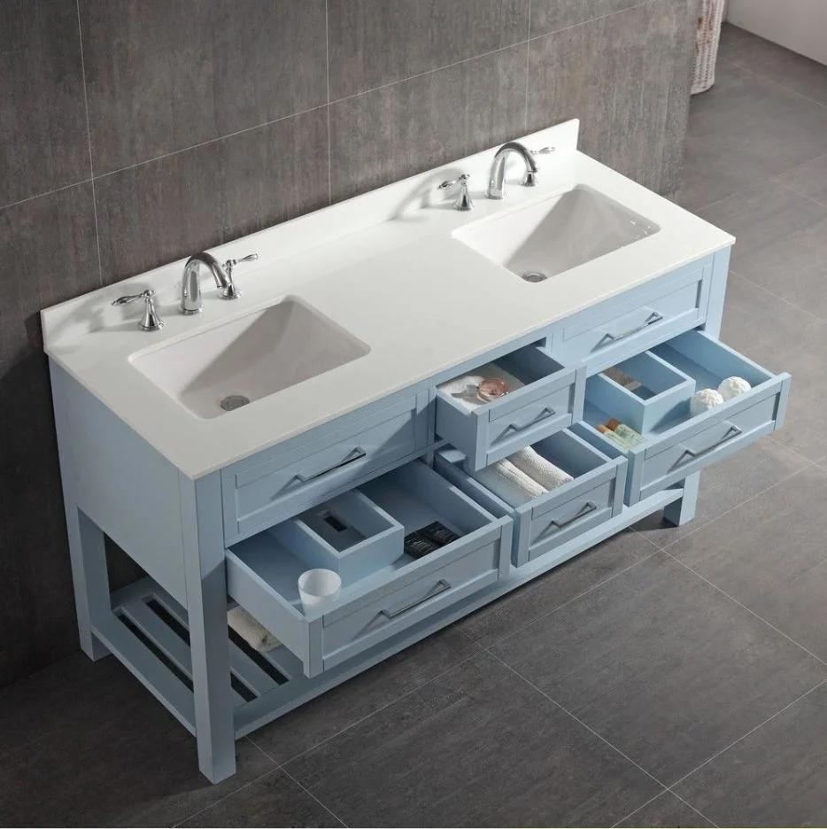 Light Blue Fashion Double Sink Bathroom Solid Wood Bathroom Cabinet