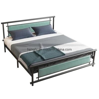 Modern Bedroom Furniture King Size Black Matte Velvet Fabric Cushion Iron Bed
