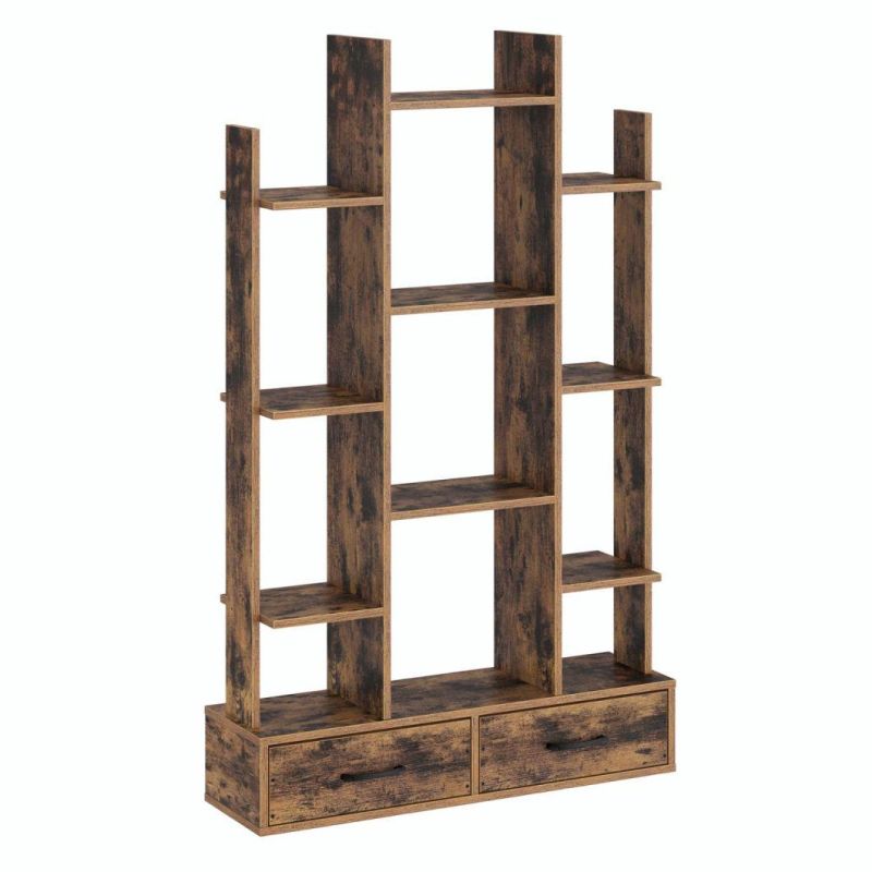 Bookshelf with 2 Wooden Drawers, Rustic Wood Bookshelves, Free Standing Book Shelf Industrial Shelf Free Standing Storage Shelf for Bedroom, Living Room