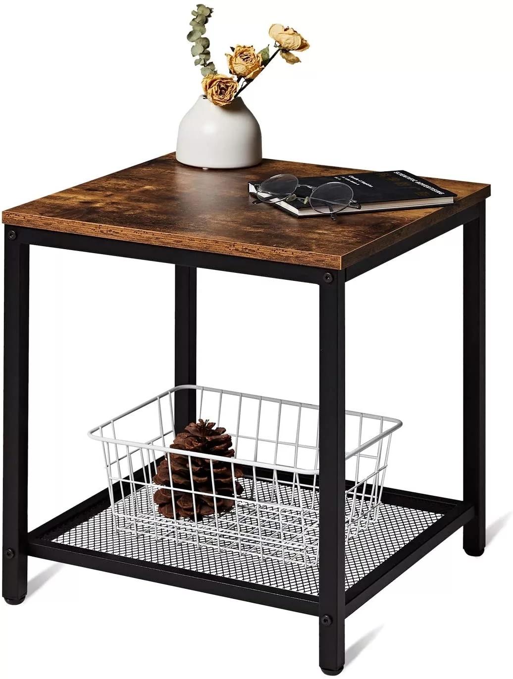 Side Table, End Table with 2 Shelf for Living Room, Stable Metal Frame Desk