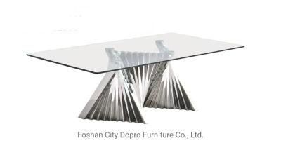 Stainless Steel Vertical Grain Irregular Base Coffee Table with Glass Top