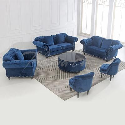 Modern Temporary Two Seater Couch Leisure Home Blue Velvet Fabric Sofa Wholesale Living Room Furniture Set with Wooden Legs