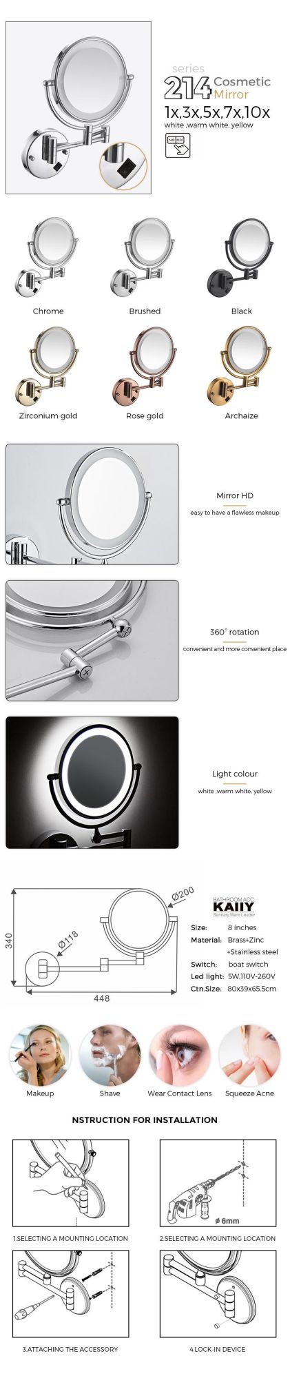 Kaiiy LED Mirror 2face Modern Stainless Steel Bathroom Makeup Mirror for Wall Mounted Bathroom Accessories