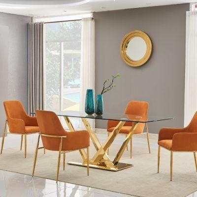 Modern 6 Chairs Sit Stainless Steel Base Glass Dining Table Set