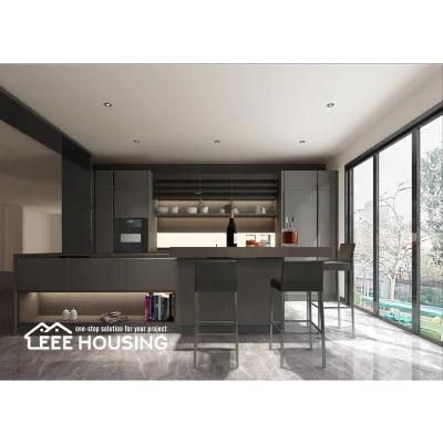Modern Linear Bar Design Dark Gray Lacquer Finish Laminated MDF Wooden Furniture Kitchen Cabinets