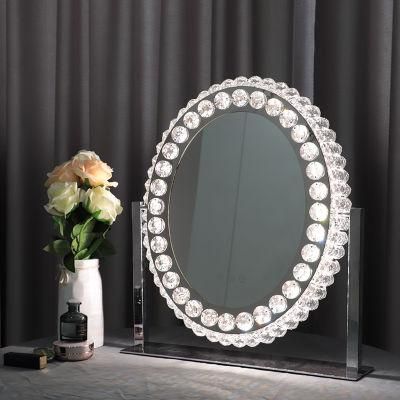 Oval Crystal Desktop Makeup Cosmetic Table Mirror with Stainless Stand