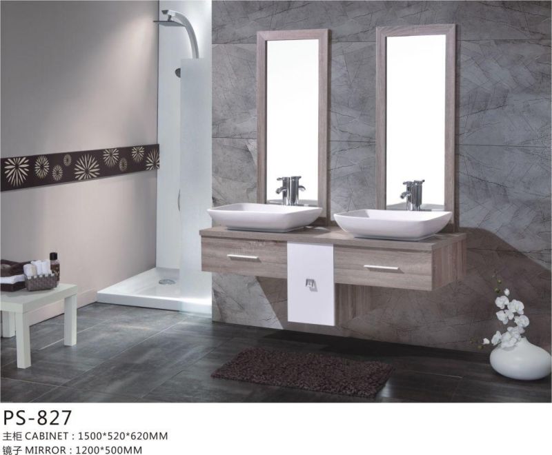 PVC Paint Free Wall Mounted Type Bathroom Cabinet Furniture with Ceramic Basin and Simple Mirror