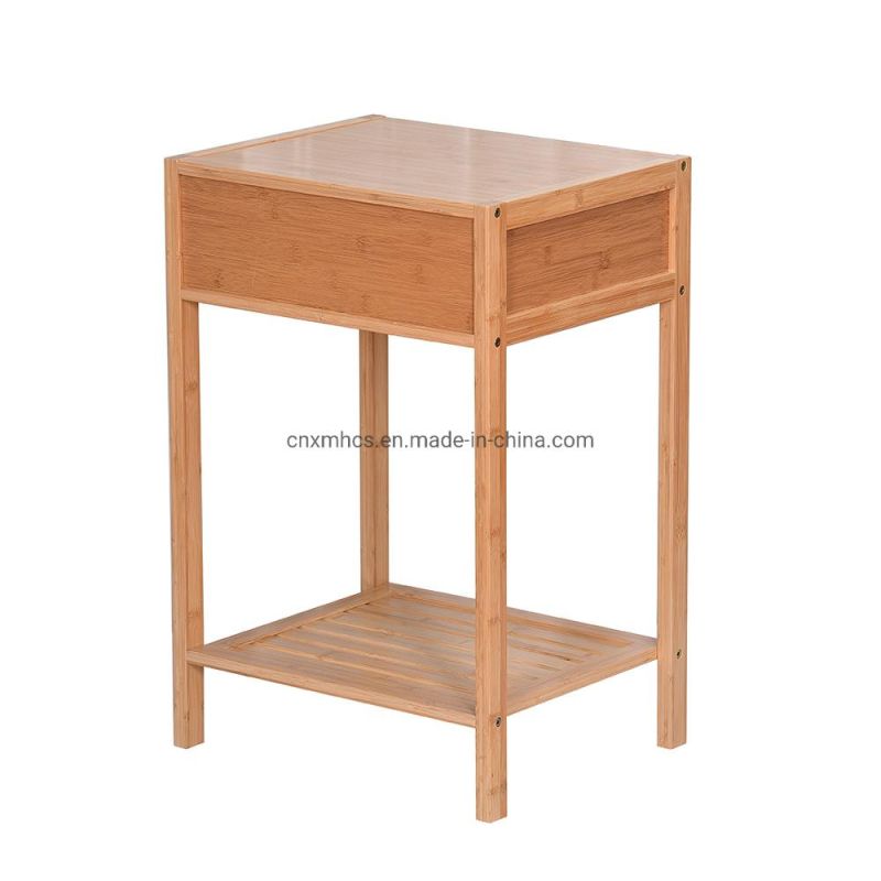 Multipurpose Bamboo Bedside Table End Table with Pattern Drawer & Storage Shelf Night Stand