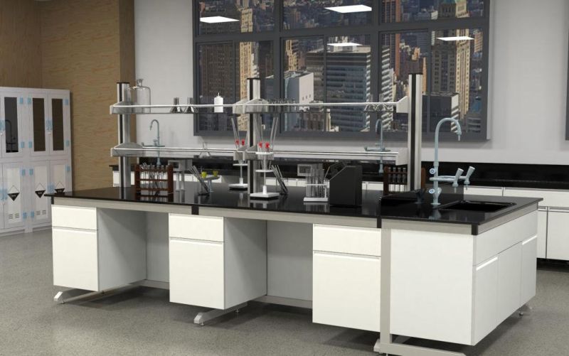 The Newest Design Modern College Commercial Laboratory Floor Mounted Full Steel Large Central Lab Work Bench with Sink/