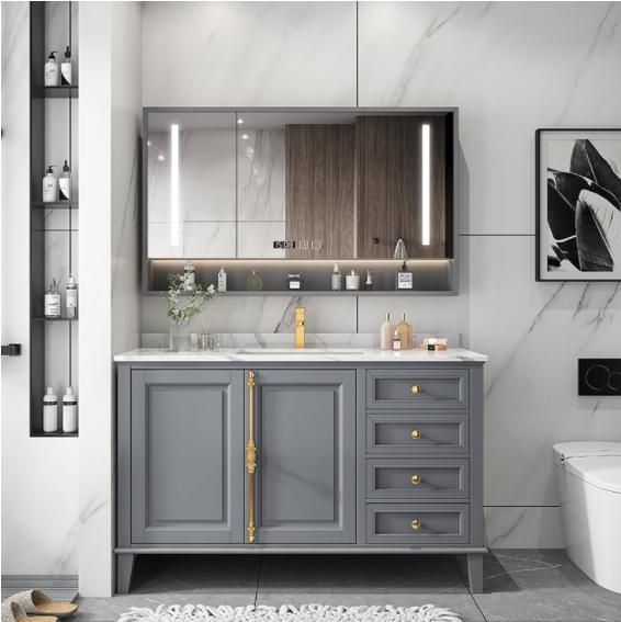 American Light Luxury Solid Wood Rock Board Bathroom Cabinet Combination Floor-Standing Glass Door Smart Mirror Hand Wash Basin