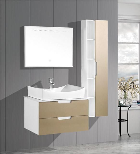 Hotel Style PVC Bathroom Cabinet with Ceramic Single Sink and Side Cabinet