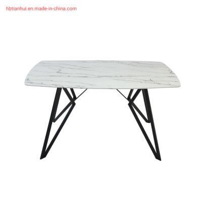 Modern Furniture Hot Sale Tempered Glass Marble Effect Dining Table with Coated Steel Tube Leg