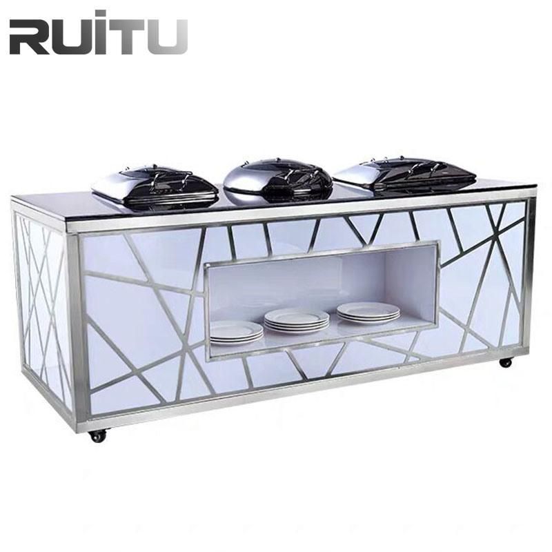 Rectangular Light Wedding Catering Buffet Table Food Warmer Stoves Hotel Restaurant Stainless Steel Luxury Modern Marble Top LED Bar Dining Table with Wheels