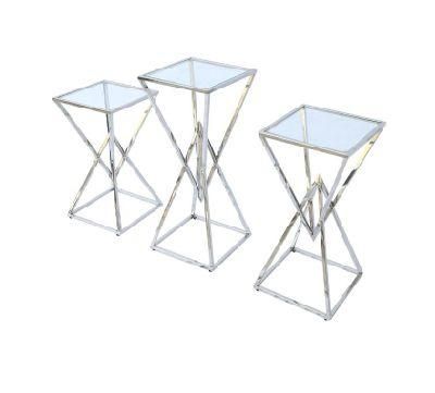 Modern Furniture Outdoor Table with Glass Top Stainless Steel Coffee Table Set End Table