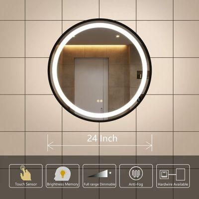 Round LED Lighting Bathroom Mirror, Black Frame, Wall Mounted Dimmable Memory Button, Waterproof