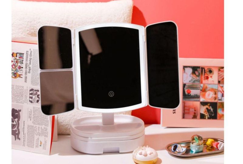 Desktop Vanity Mirror Beauty Makeup Desktop Smart 3 Folding Portable Shell Mirror with Light Filling Mirror LED Light Makeup Mirror