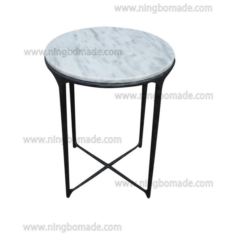 Thaddeus Sculptural Forged Collection Cloud Marble Top Antique Black Solid Forged Metal Base Corner Table