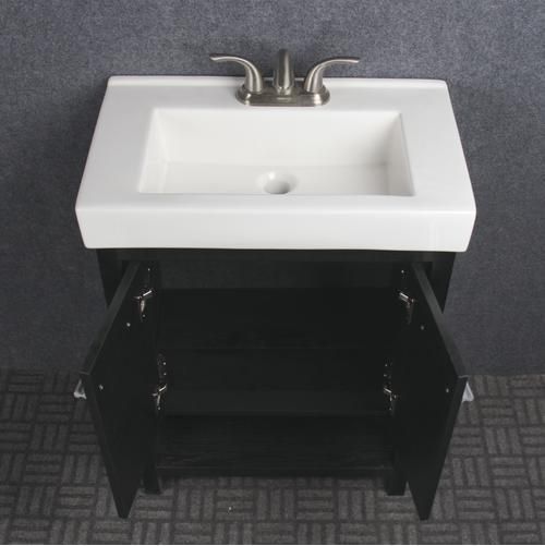 Black Vanity and White Ceramic Vanity with Rectangular Integrated Bowl and Mirror