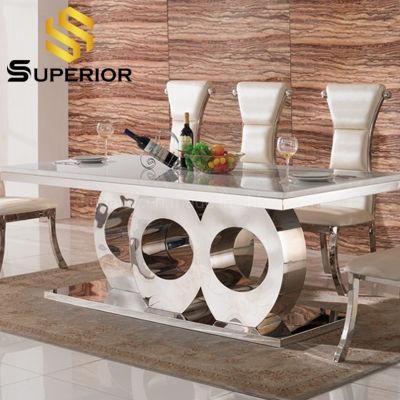 Fashion Design 6-8 Seater Silver Metal Chromed Dining Glass Table