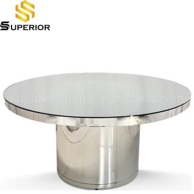 Round Mirrored Glass Dining Table with Silver Stainless Steel Frame