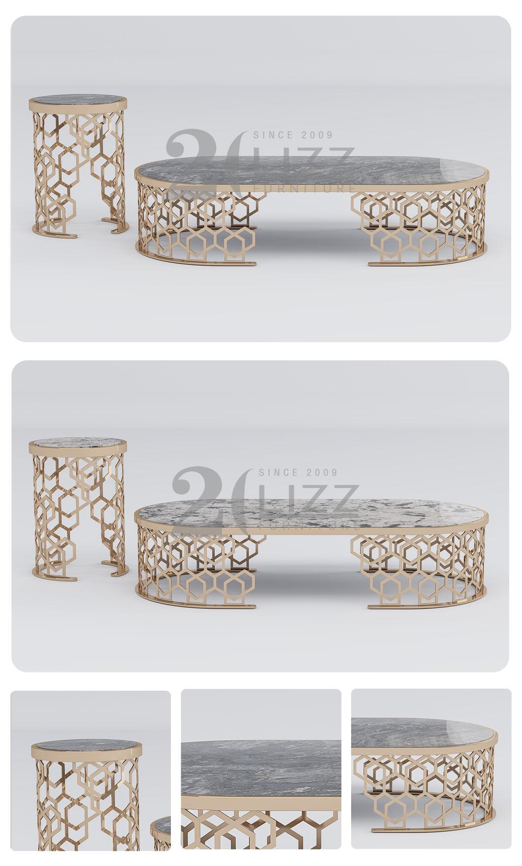 Luxury Royal Stone Coffee Table Set Modern Design Stainless Marble Top Console Table for Living Room