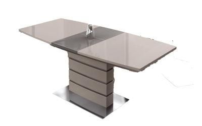 Home Furniture Stainless Steel Base High Gloss Wood Extendable Dining Table Set