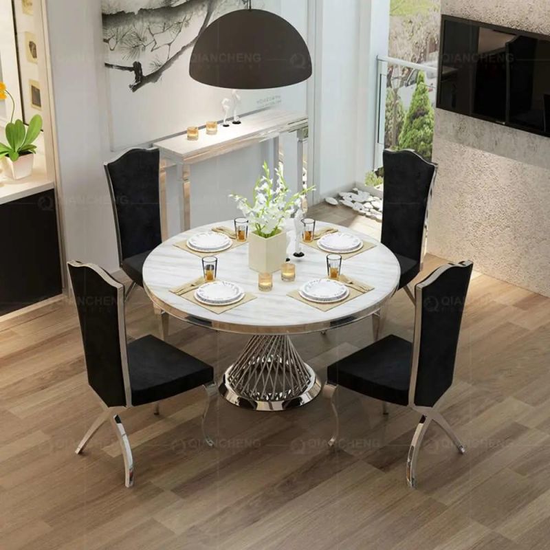 Modern Steel Frame Round 8 Seater Marble Top Dining Table Set