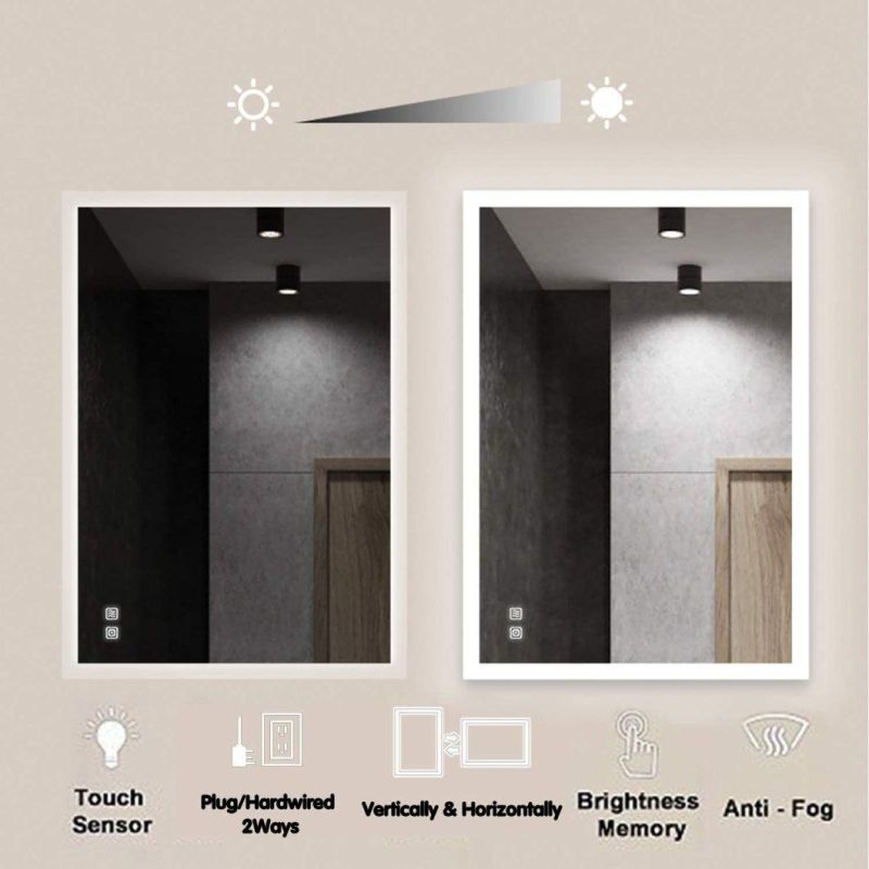 Horizontal/Vertical Lighted Anti-Fog Bathroom Wall Mounted LED Backlit Rectangle Frameless Frosted Fogless Vanity Make up Mirrors with Dimmer Touch Sensor