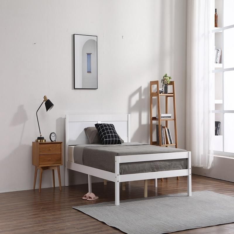 Home Bedroom Simple White K/D Solid Wood Single Double Bed Furniture