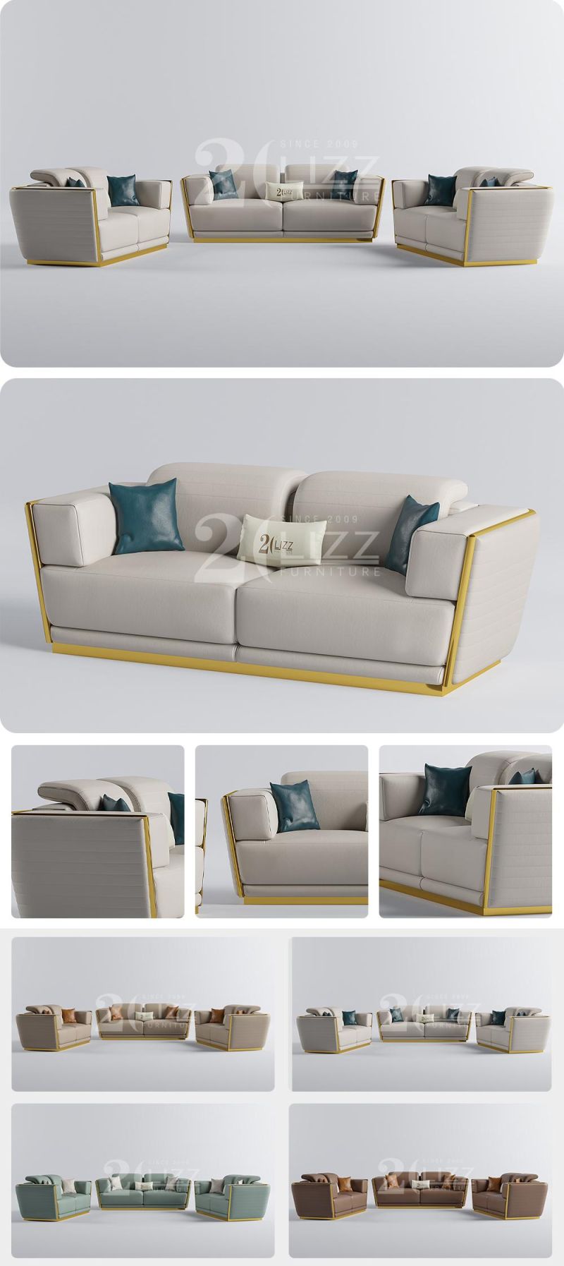 Gold Metal Decor Modern European Style Wood Frame Sofa Furniture Luxury Real Leather Couch Sofa Set