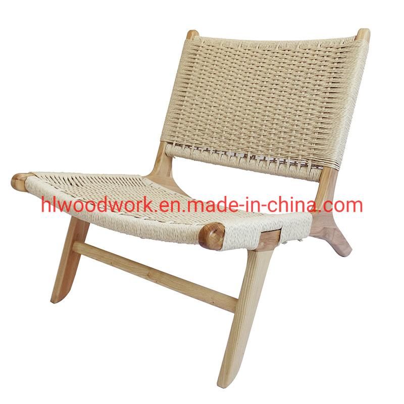 Saddle Chair Ash Wood Frame Natural Color with Woven Fabric Rope Without Arm Leisure Chair Outdoor Furniture