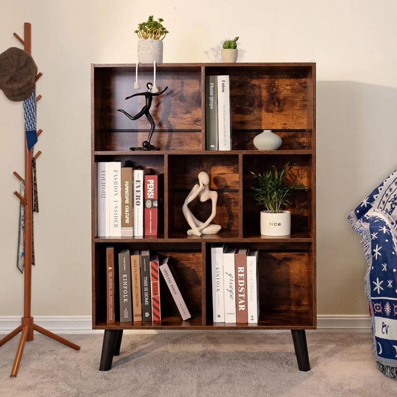 Cube Bookshelf 3 Tier MID-Century Modern Bookcase with Legs, Retro Wood Bookshelves Storage Shelf, Free Standing Open Book Shelves, Rustic Brown Display