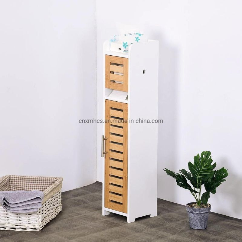 Modern Design Bamboo Wood Paper Toilet Holder Bathroom Storage Cabinet with Storage Shelf, Door