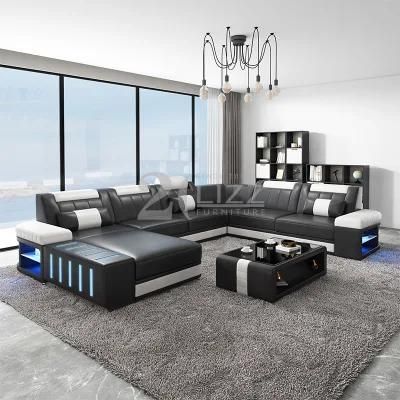 Modern Sectional Leather Lounge Home Living Room Corner Sofa Furniture Set with LED Lighting Coffee Table and TV Stand