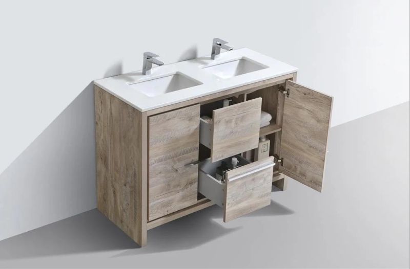 Double Sink Nature Plywood Modern Bathroom Vanity with White Quartz Counter-Top
