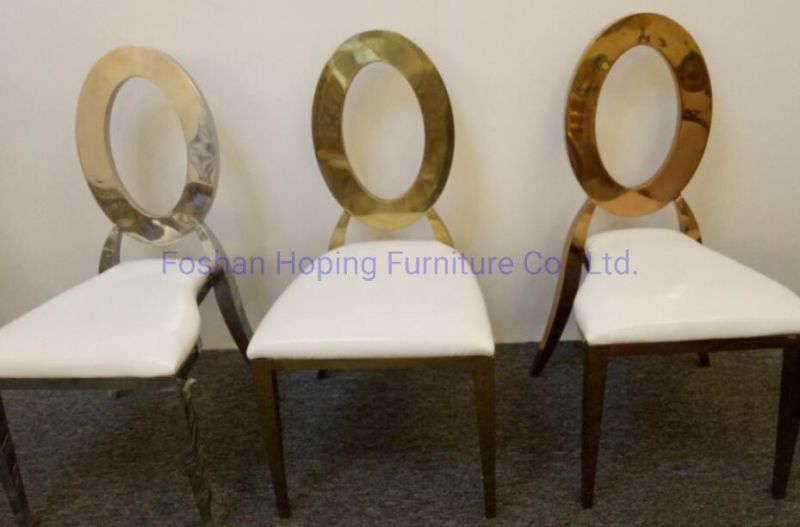 Rental Fancy Gold Dior Wedding Chair for Restaurant and Banquet with Heart Hollow Design Mirror Finished Stainless Steel Back Leather Wedding Hotel Dining Chair