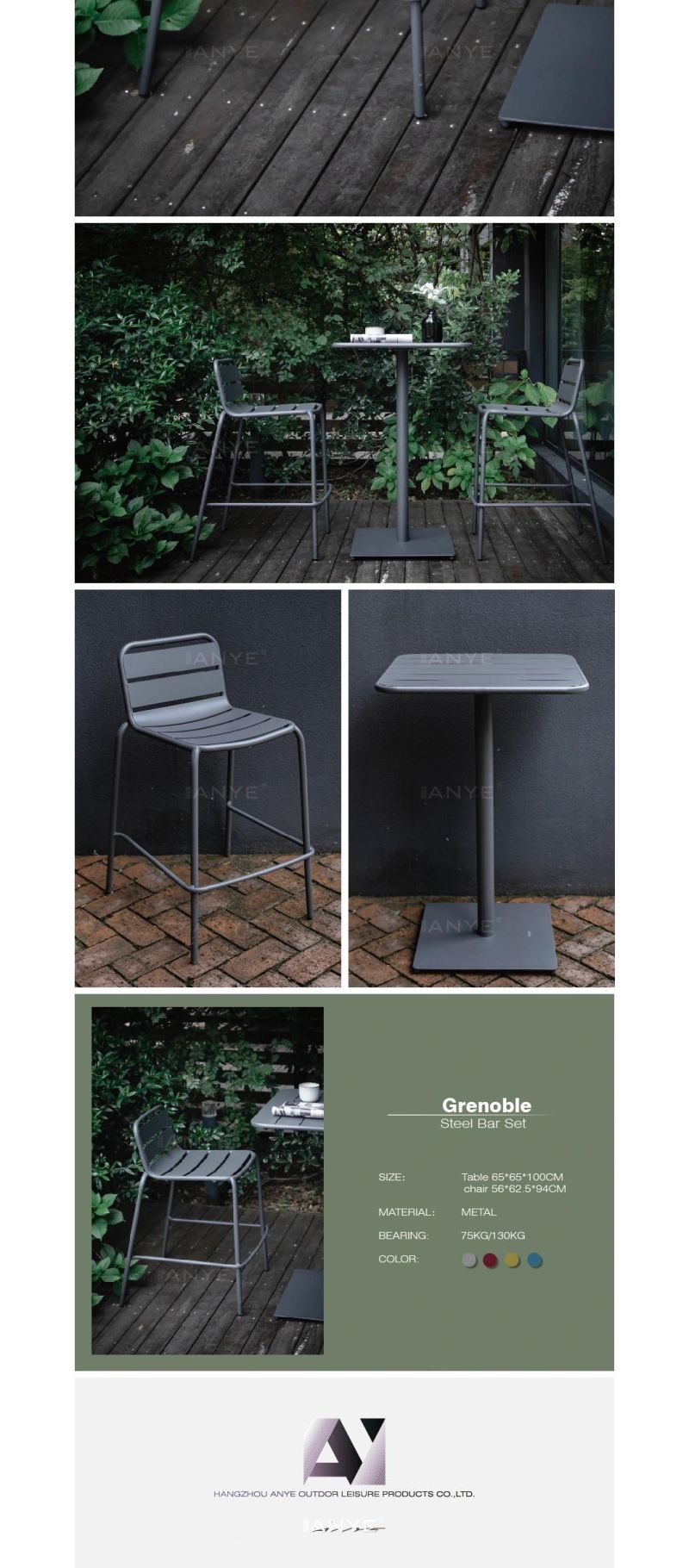Modern Club Furniture Dark Grey Steel Bistro High Table and Chair Outdoor Bar Furniture
