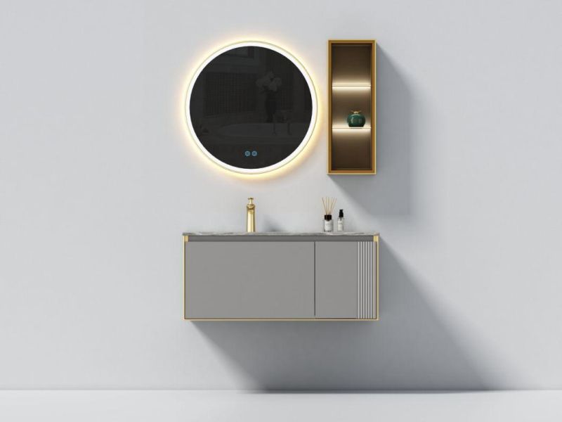 New Design Dark Blue Melamine Bathroom Cabinet Vanity with LED Round Mirror Bathroom Furniture