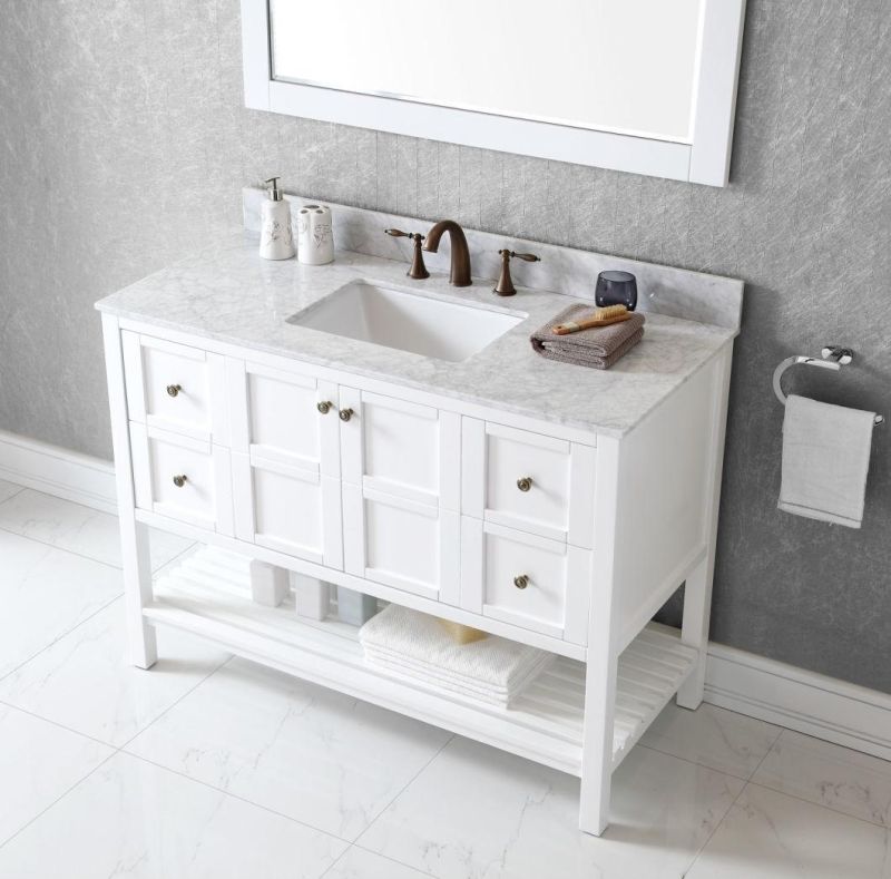Nordic Style White Floor Solid Wood Bathroom Cabinet with Mirror