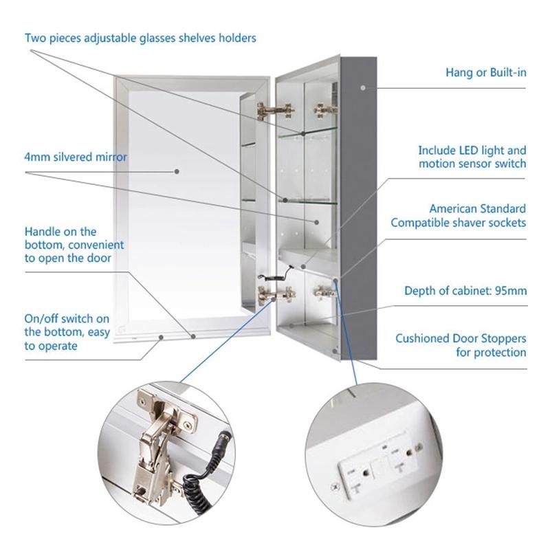 Modern Style Bathroom Mirror Cabinet Wall Mounted Medicine Cabinet with LED Light& Ajustable Glass Shelf