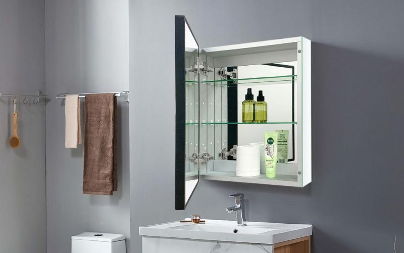 20 Inch X 16 Inch Aluminum Bathroom Mirror Cabinet Black Wood Framed Wall Aluminum Storage Hanging Cabinet with Single Door for Toilet Kitchen