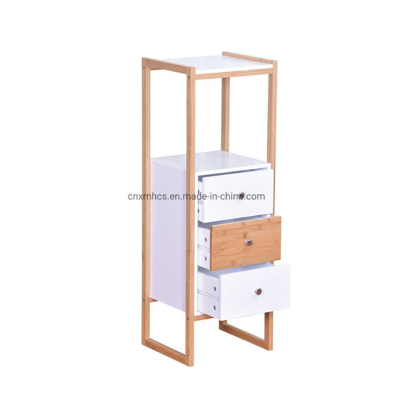 Bamboo Bathroom Storage Shelf Display Rack with 3 Drawer Free Standing Storage Cabinet Wooden Furniture Bathroom Bedroom Kitchen Side End Table