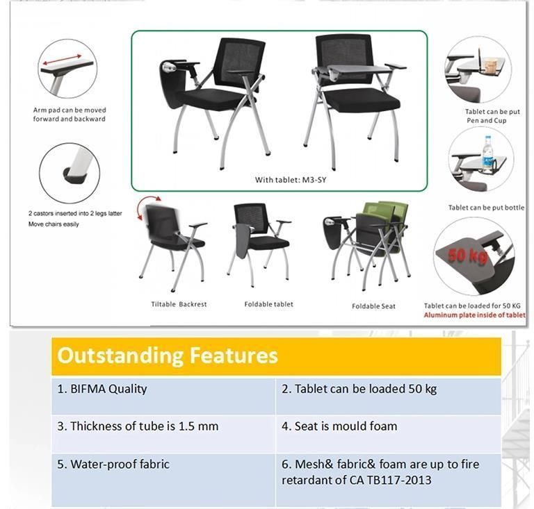 Durable Portable Fashion Student Office Furniture School Training Chair with Write Board