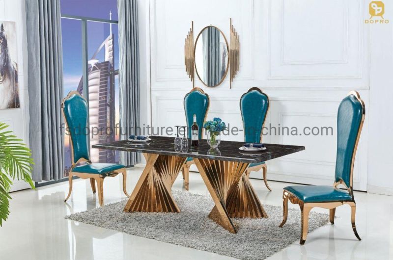 Italian Rose Gold Rectangle Luxury Marble Top Dining Table Sets with High Back Dining Chair-D29