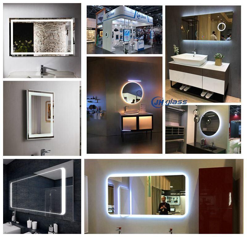 Beautiful Design Bathroom Wall Mounted Silkscreen Drawing LED Illuminated Mirror with Defogger Clock