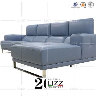 Comfortable Modern Simple Design Home Office Hotel Furniture Light Blue Genuine Leather L Shape Sofa