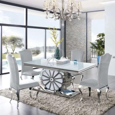 Modern Rectangle Dining Table Flower Base Design 6 Seater White Glass Top Dining Table Set