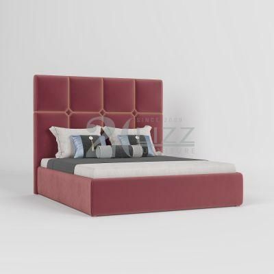 New Hot Sale Modern Hotel Bedroom Furniture Home Velvet Fabric King Size Bed with Metal Decoration